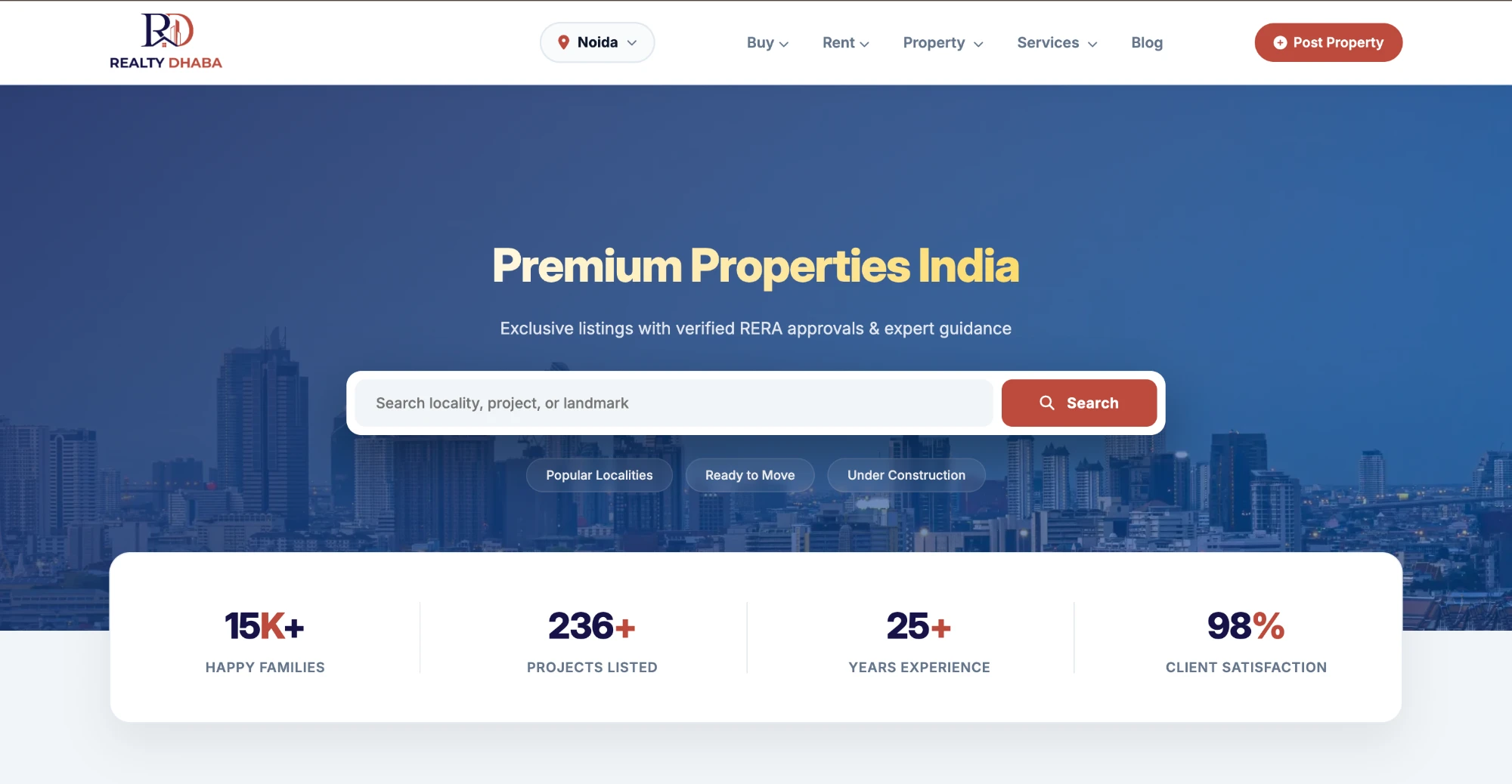 RealtyDhaba home page where customers search properties by city, locality, project or landmark