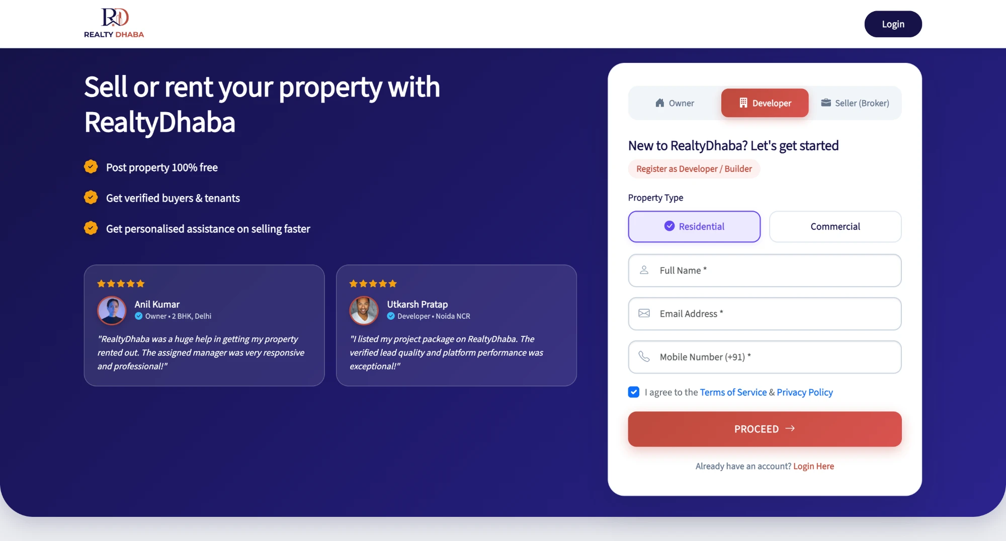 RealtyDhaba registration screen for owners, developers and brokers to list properties for sale or rent
