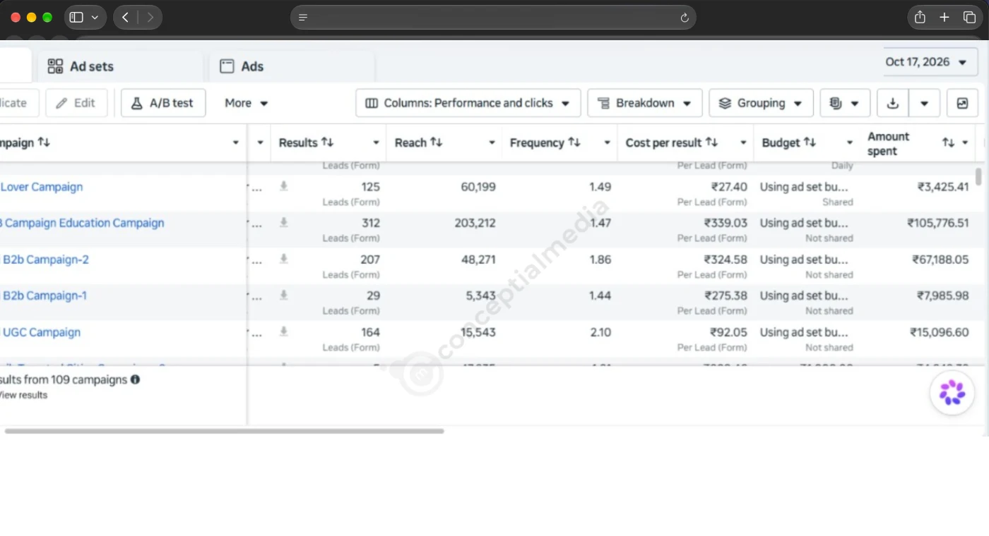 Lead generation dashboard with leads and cost per lead - Conceptial Media