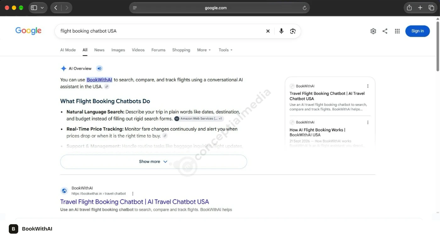BookWithAI - organic search results report, SEO by Conceptial Media