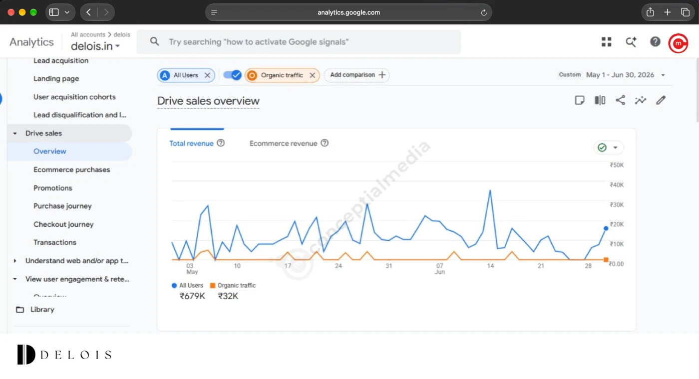 Delois - organic search results report, SEO by Conceptial Media