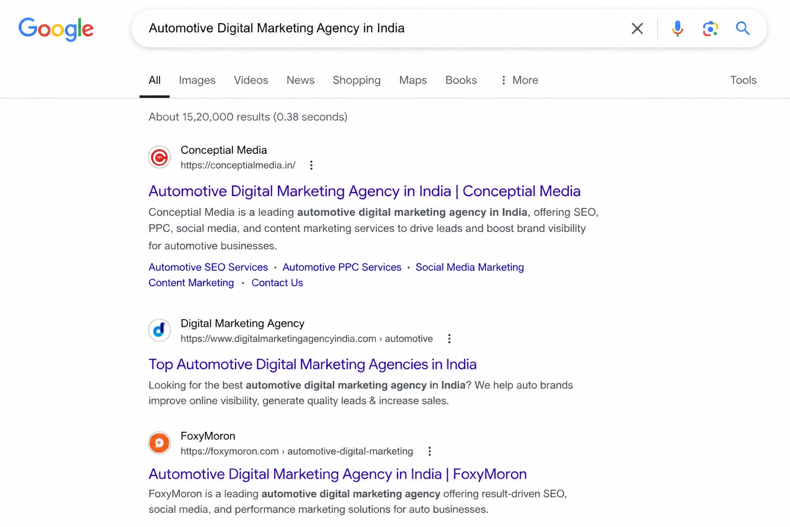 Google search results showing Conceptial Media ranking for an automotive digital marketing agency search in India
