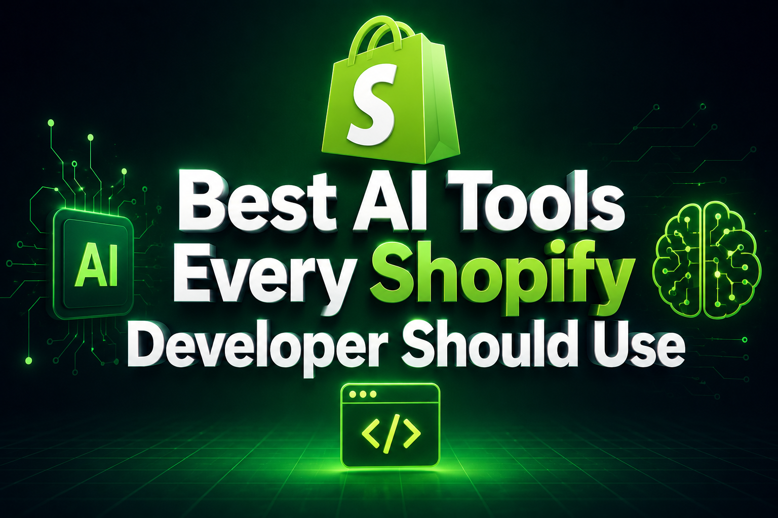 Modern technology-themed banner featuring the title "Best AI Tools Every Shopify Developer Should Use" with a futuristic AI-inspired background and Shopify branding elements.