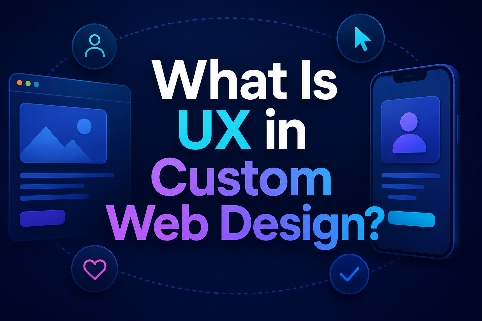 What Is UX in Custom Web Design? Illustration featuring UX design, responsive website layout, user interface elements, mobile-friendly web design, and digital user experience concepts