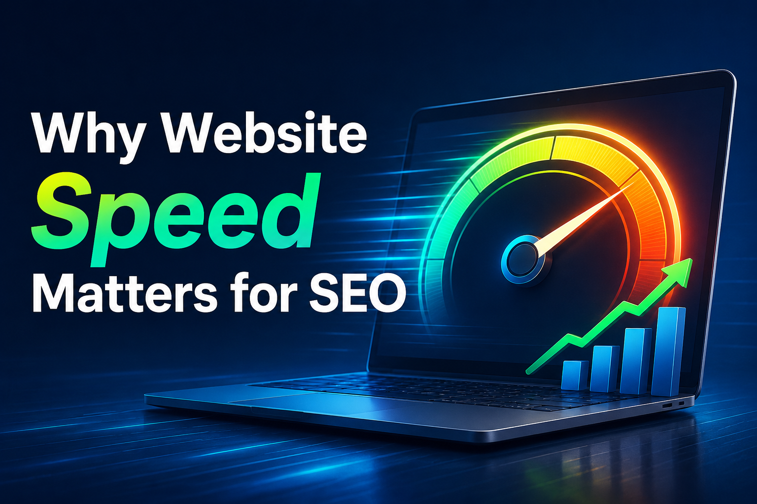 A modern illustration showing a high-performance website on a laptop with a speedometer, upward growth chart, and SEO elements. The image represents fast page loading, improved website performance, better search engine rankings, enhanced user experience, and increased online visibility through website speed optimization.