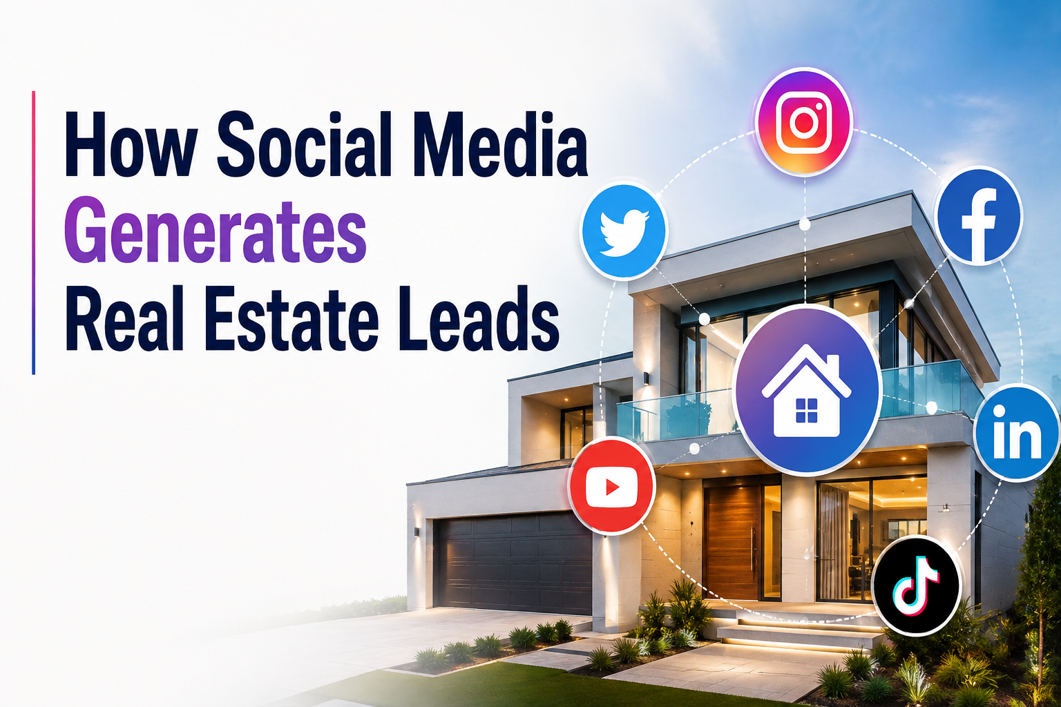 How Social Media Generates Real Estate Leads — modern luxury home with social media icons and smartphone showcasing real estate marketing.