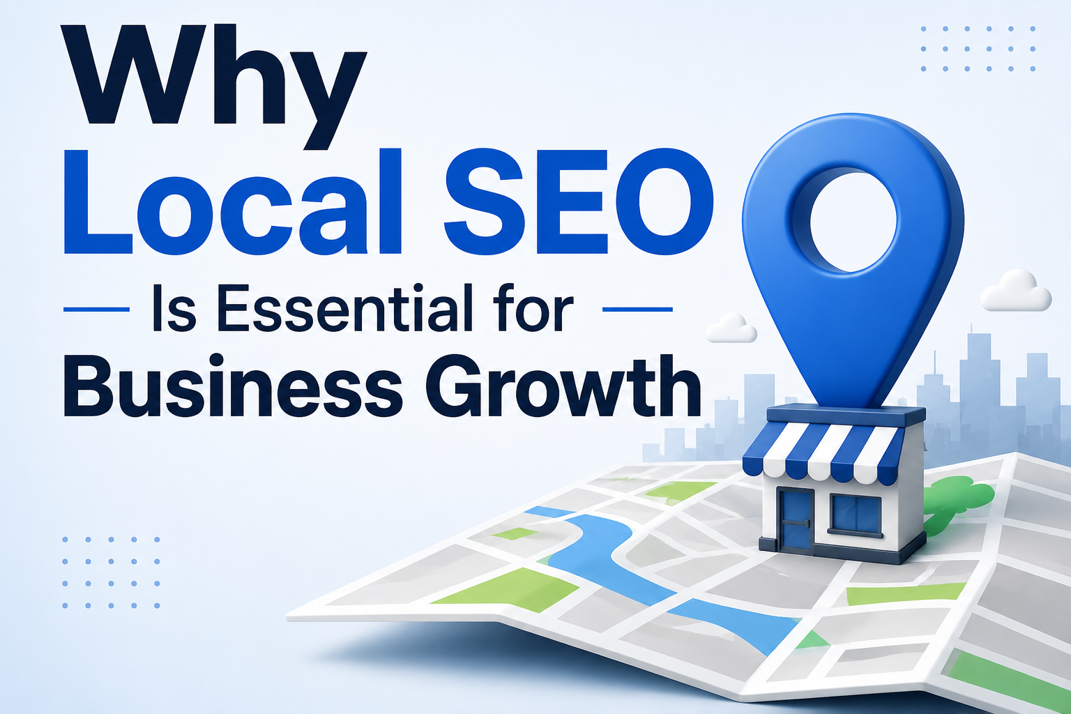 Why Local SEO Is Essential for Business Growth banner featuring a location pin on a map with a local business storefront, illustrating how local search optimization helps businesses increase visibility, attract nearby customers, and drive growth.