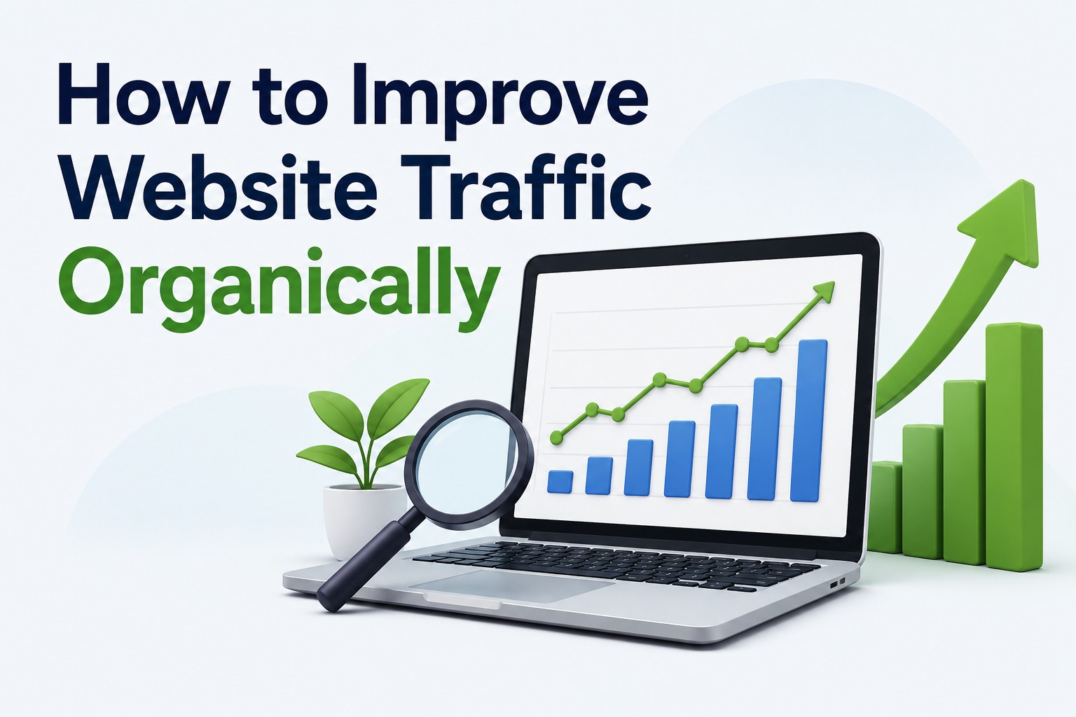 How to Improve Website Traffic Organically – modern digital marketing illustration featuring a laptop with rising analytics charts, growth graph, magnifying glass, green plant, and upward arrow symbolizing organic website traffic growth and SEO success.