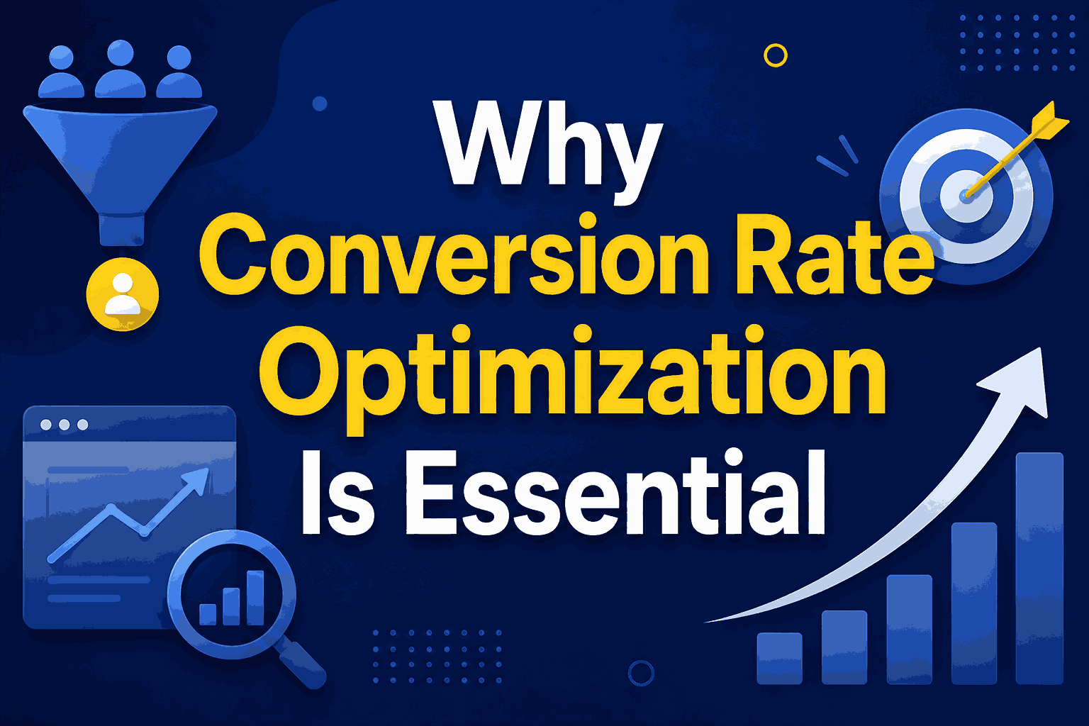 Why Conversion Rate Optimization Is Essential cover image featuring website analytics, conversion funnel, growth charts, user experience optimization, lead generation strategies, and business performance improvement through effective CRO techniques.