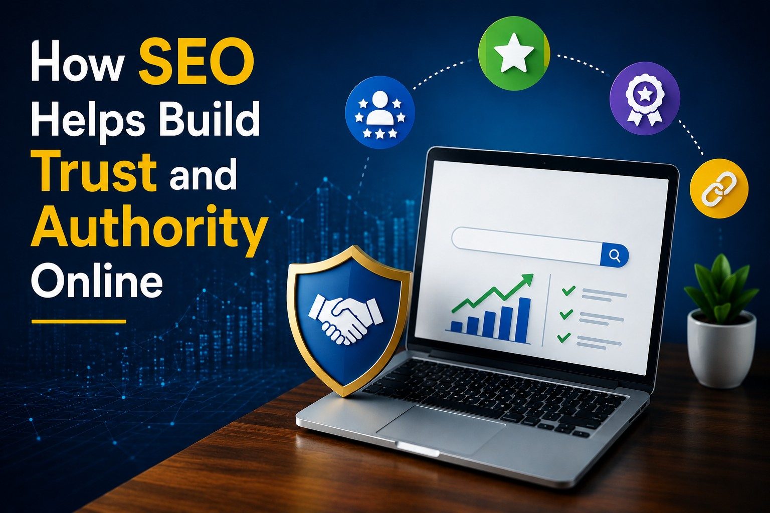 How SEO Helps Build Trust and Authority Online – digital marketing illustration featuring a laptop with SEO analytics, trust shield, authority icons, backlinks symbols, and a modern technology background representing online credibility, search visibility, and brand authority.