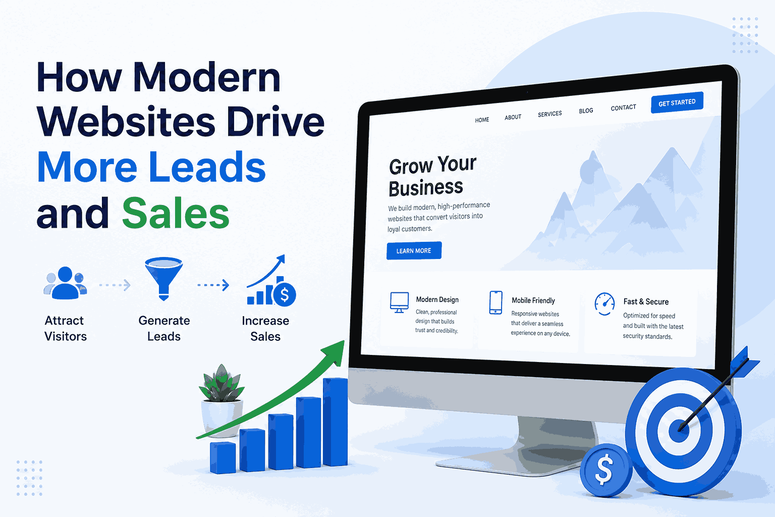 showing a responsive business website on a desktop screen, lead generation funnel, growth chart, sales increase icons, and digital marketing elements highlighting how modern websites drive more leads and sales.