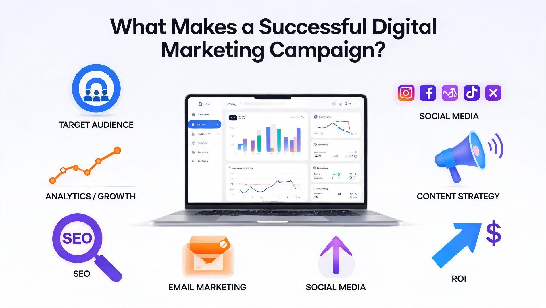 Successful digital marketing campaign strategy with SEO, social media, content marketing, PPC advertising, analytics, and business growth.
