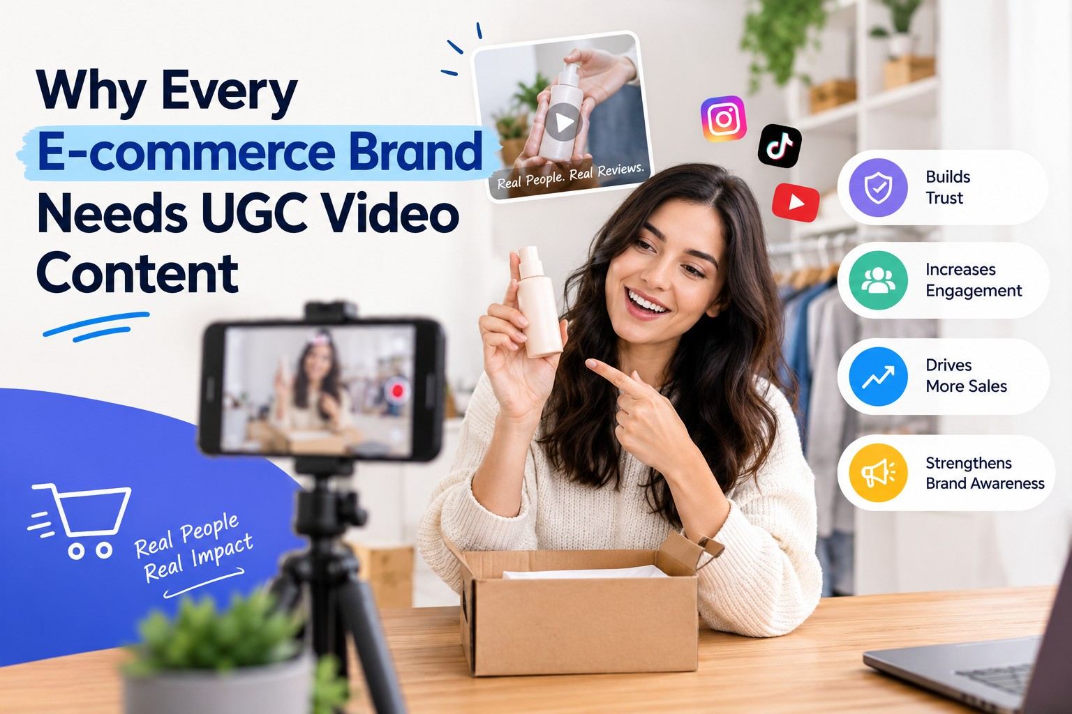A content creator records a product review video for an e-commerce brand, demonstrating how UGC video content builds trust, increases engagement, drives sales, and strengthens brand awareness through authentic customer-focused marketing.