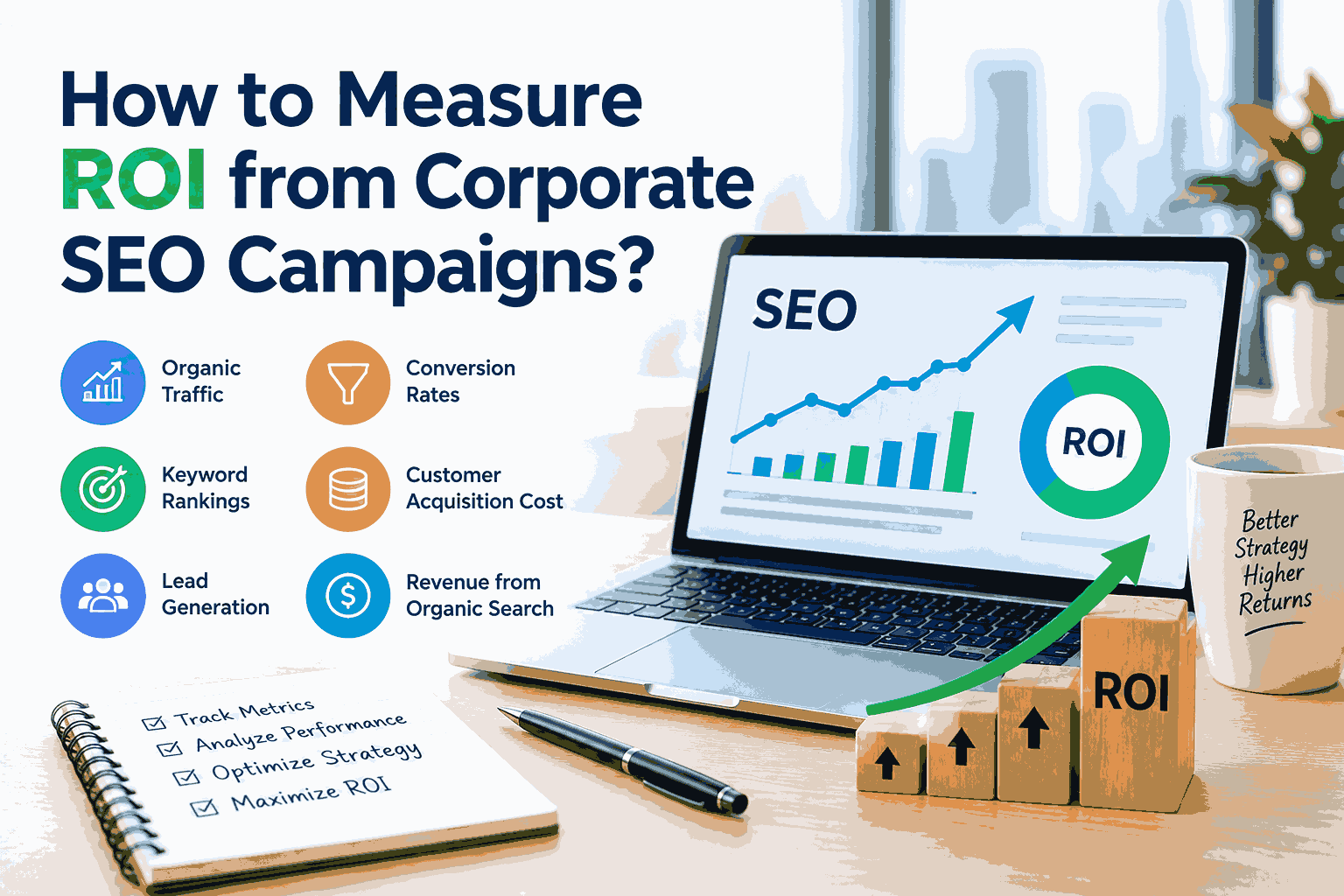 Corporate SEO ROI measurement infographic showing a laptop with SEO analytics, growth charts, ROI metrics, organic traffic, keyword rankings, lead generation, conversion rates, customer acquisition cost, and revenue tracking for enterprise SEO performance analysis.