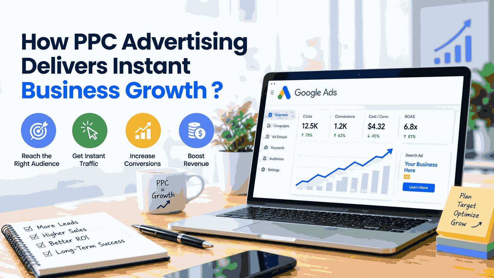 How PPC Advertising Delivers Instant Business Growth through targeted ads, increased website traffic, leads, and conversions.