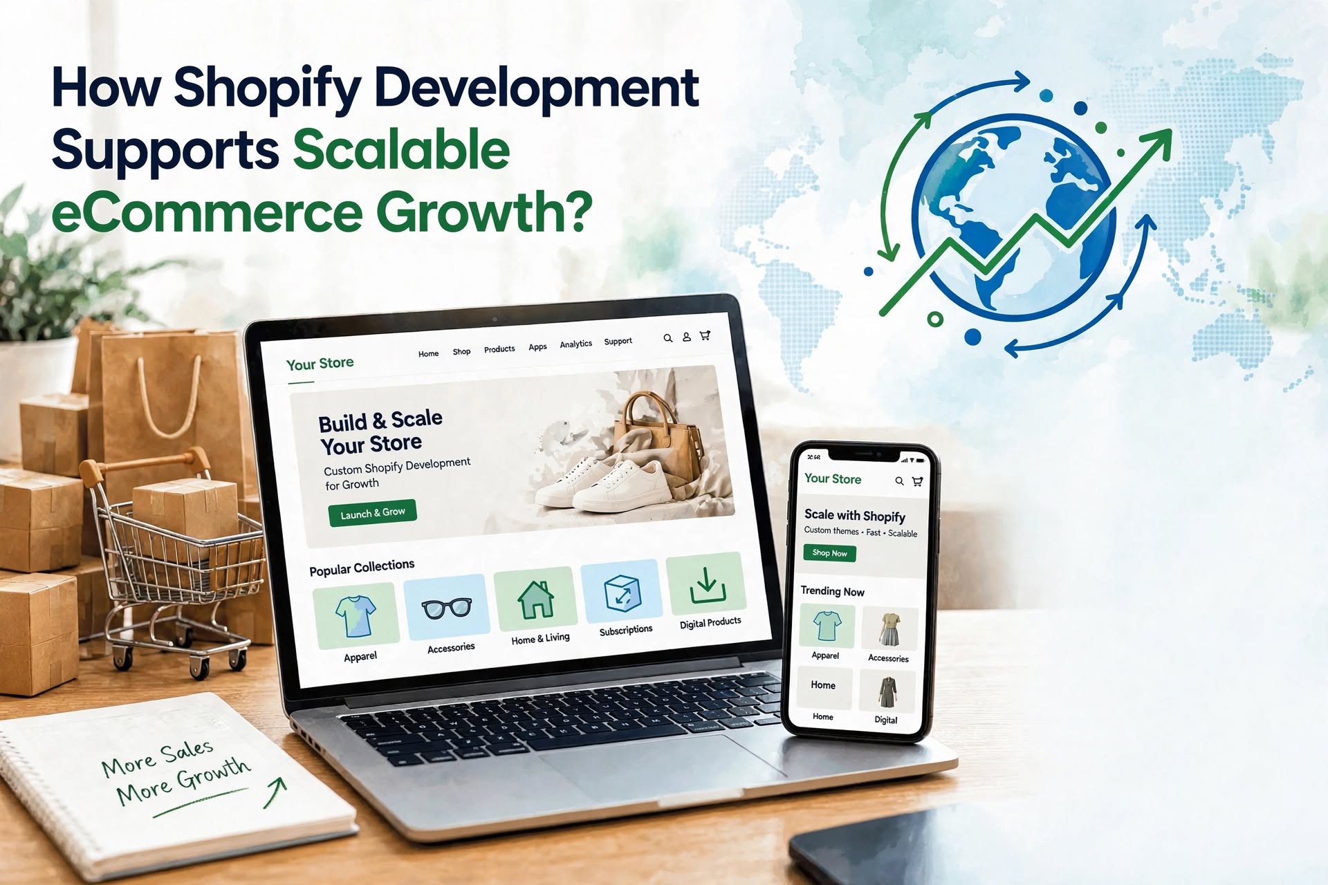 Shopify development supports scalable eCommerce growth, featuring a laptop with Shopify Dashboard and growth chart, a globe with upward arrow, Shopify shopping bag, and increasing bar chart.