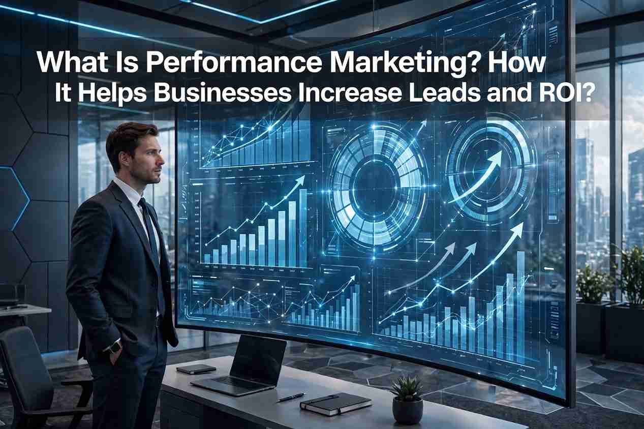 Performance marketing dashboard showing lead growth and ROI analytics.