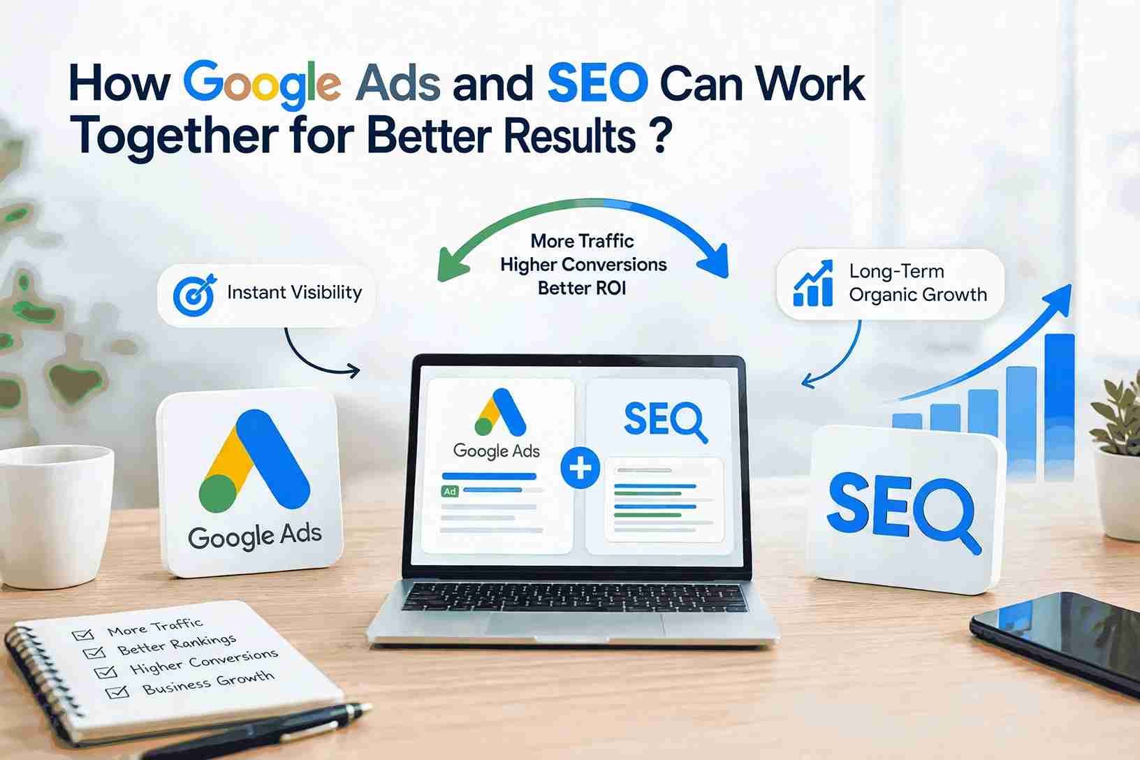 Google Ads and SEO working together to increase website traffic, conversions, organic growth, and overall digital marketing results.