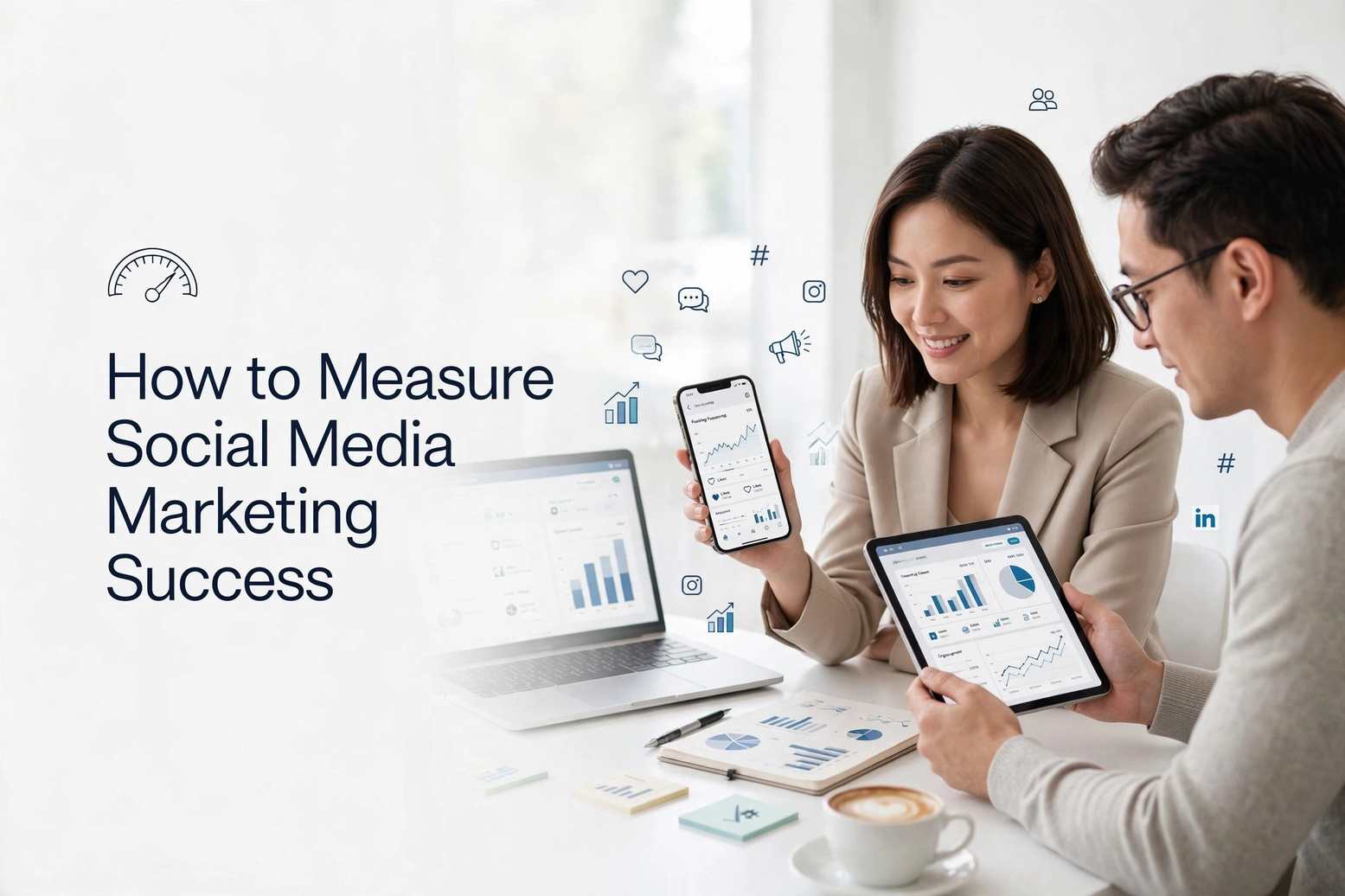 Social media marketing analytics dashboard showing engagement, reach, conversions, and ROI metrics.