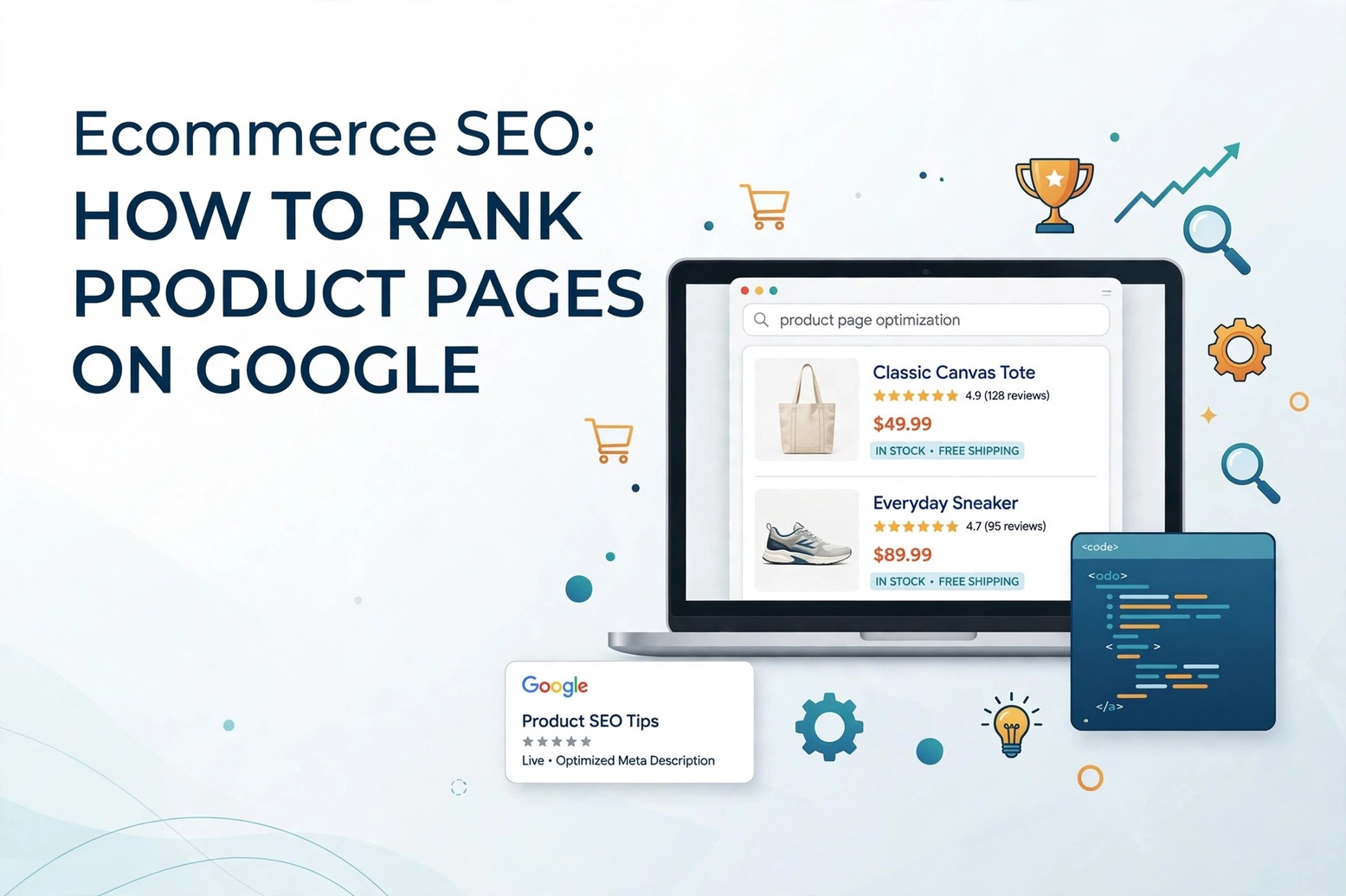 An eCommerce website displayed on a laptop with Google Search results, SEO analytics, keyword rankings, organic traffic charts, and product performance metrics in the background.
