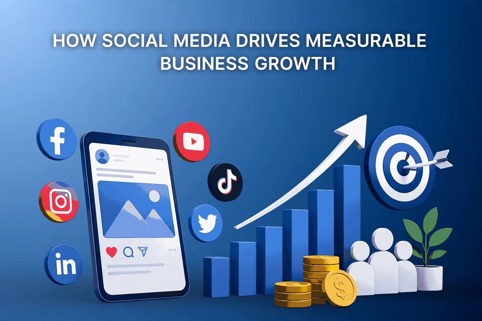 How Social Media Drives Business Growth with social media platforms, engagement, rising business charts, target growth, customers, and revenue icons.