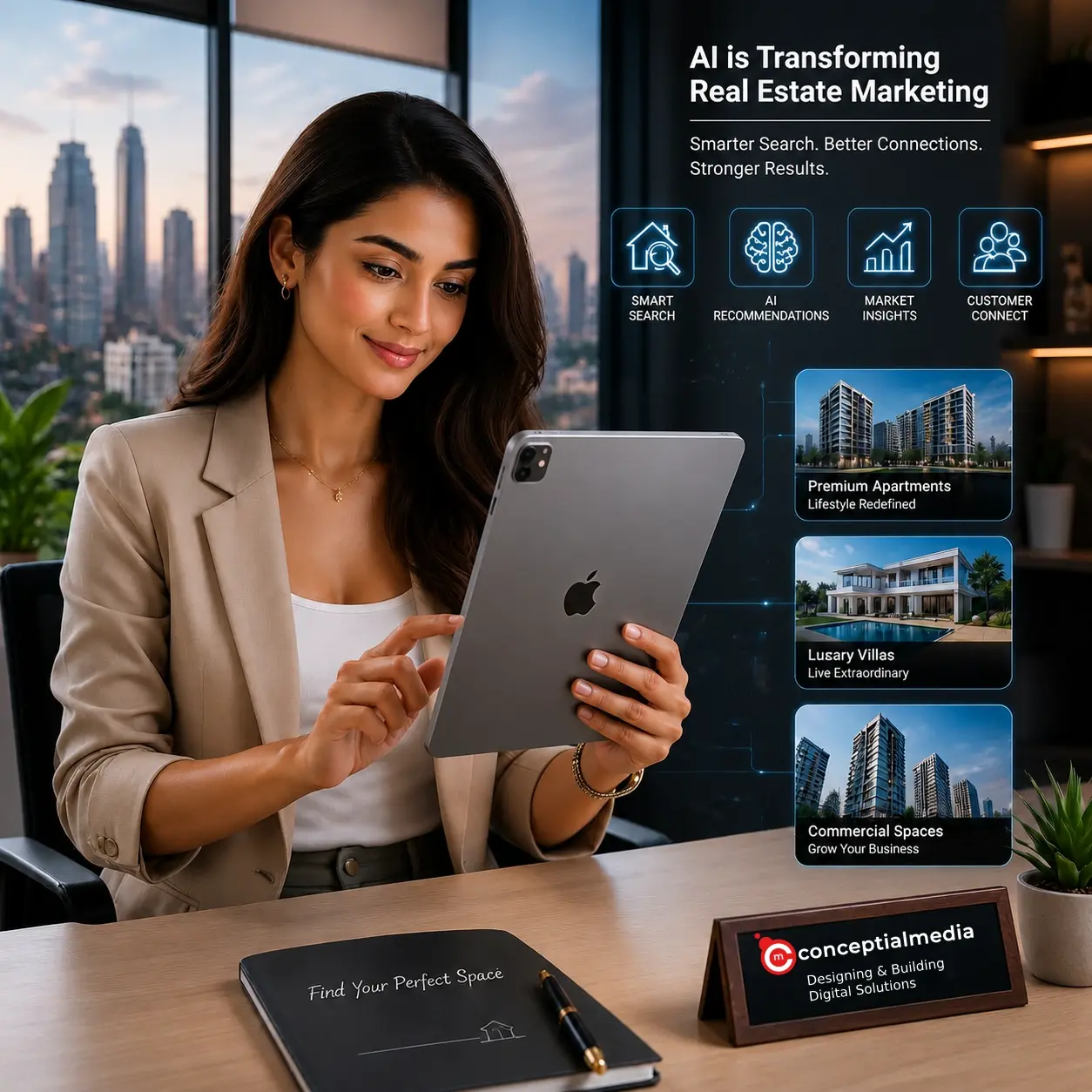 Real estate professional analyzing AI search analytics on laptop
